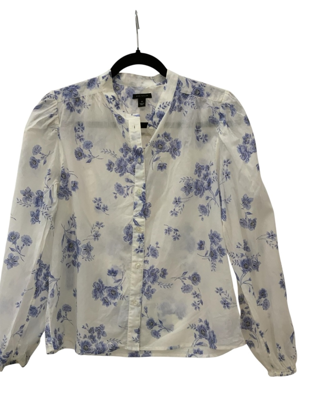 Ann Taylor White Blouse with Blue Floral Print Size XS